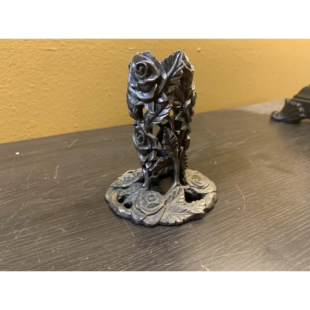 Vintage Silver Tone Pewter Metal Floral‎ Candle Holder